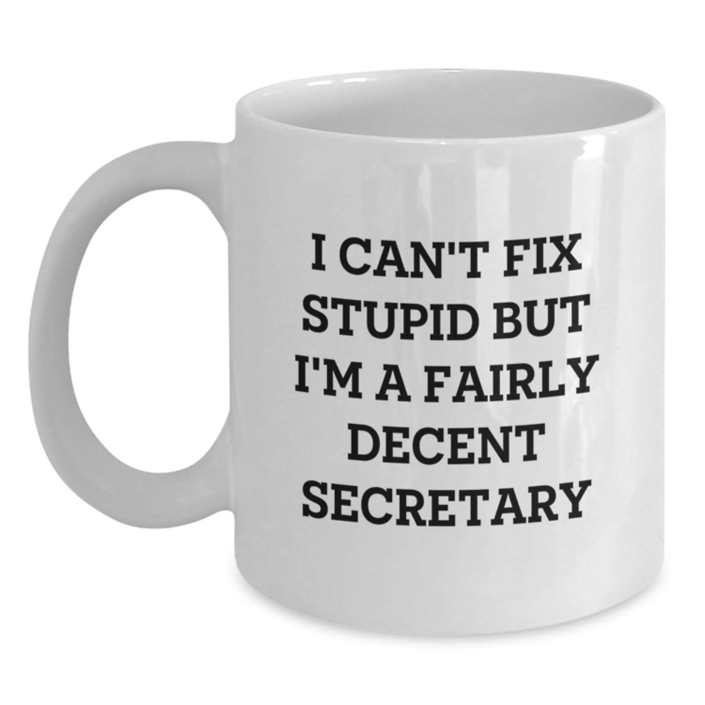 Funny Secretary Humor Gifts from Friends for Secretary's Graduation, White Coffee Mug with 'I Can't Fix Stupid But I'm A Fairly Decent Secretary' Quote - Main