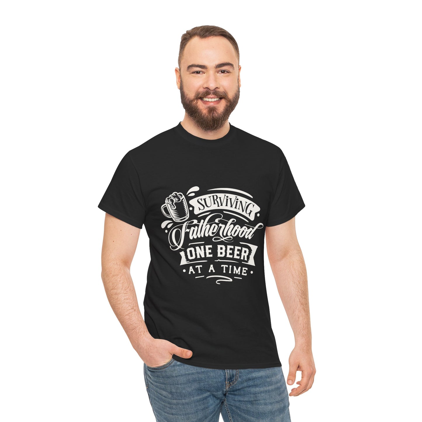 Surviving Fatherhood One Beer at a Time Dad Beer T-Shirt - Unisex Heavy Cotton Tee