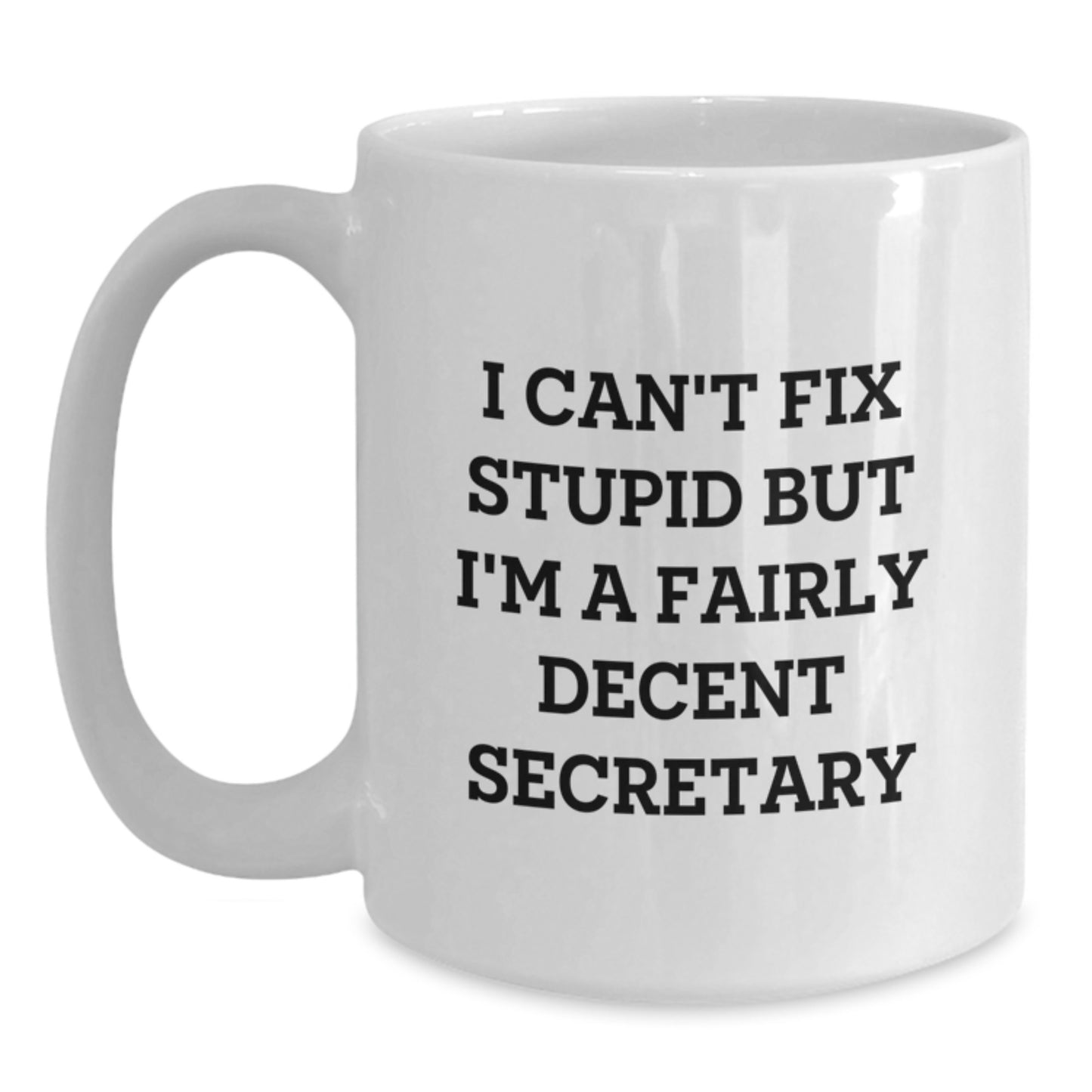 Funny Secretary Humor Gifts from Friends for Secretary's Graduation, White Coffee Mug with 'I Can't Fix Stupid But I'm A Fairly Decent Secretary' Quote - Main