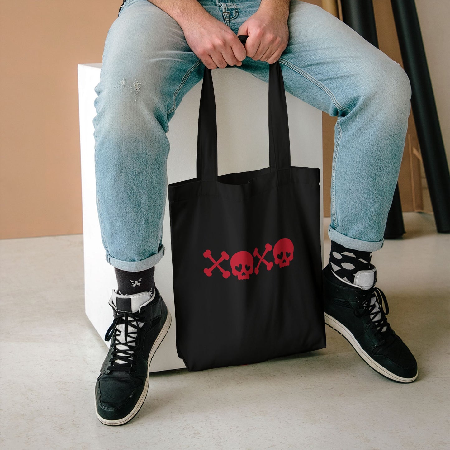 Black XOXO Skull Tote Bag — Gothic Cotton Tote