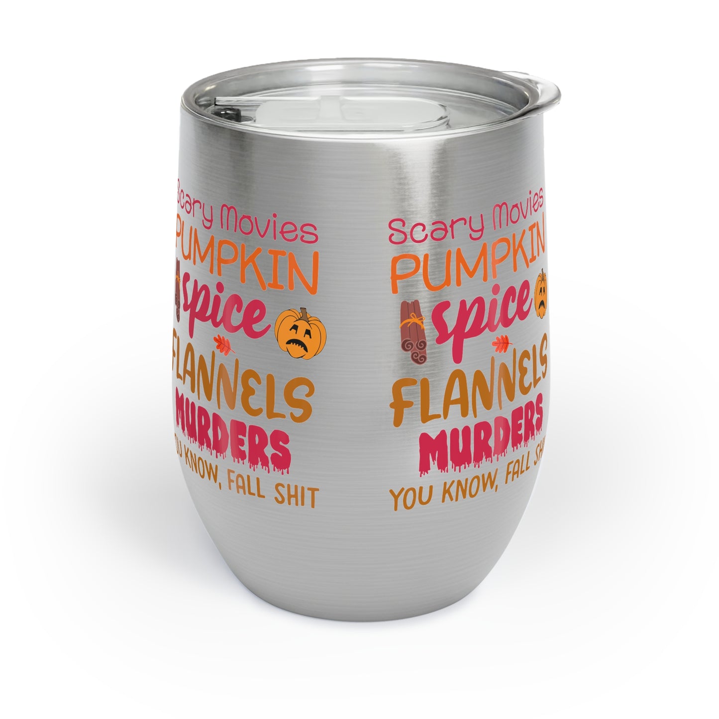 Fall Vibes Tumbler, Scary Movies Pumpkin Spice Wine Cup, Insulated Halloween Gift for Her, Cozy Autumn Lover