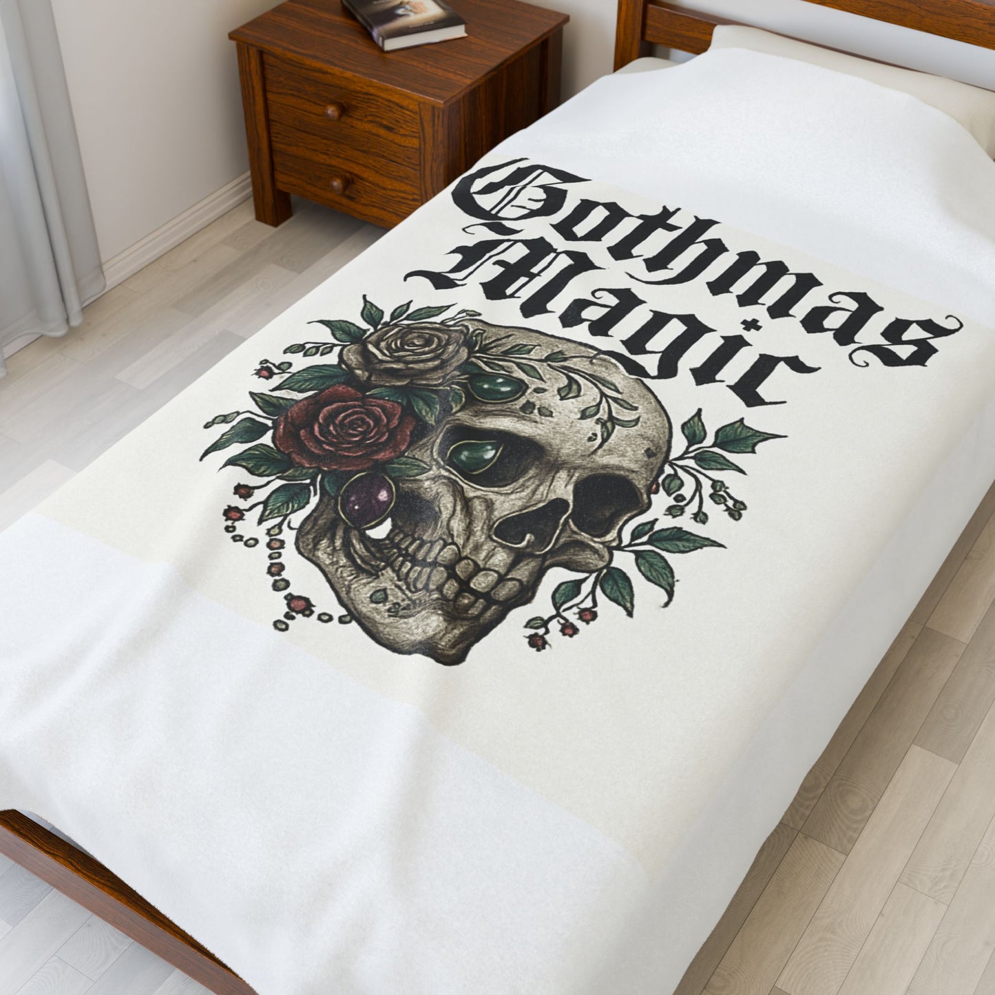 Gothmas Magic Velveteen Plush Blanket — Gothic Skull & Rose Holiday Throw