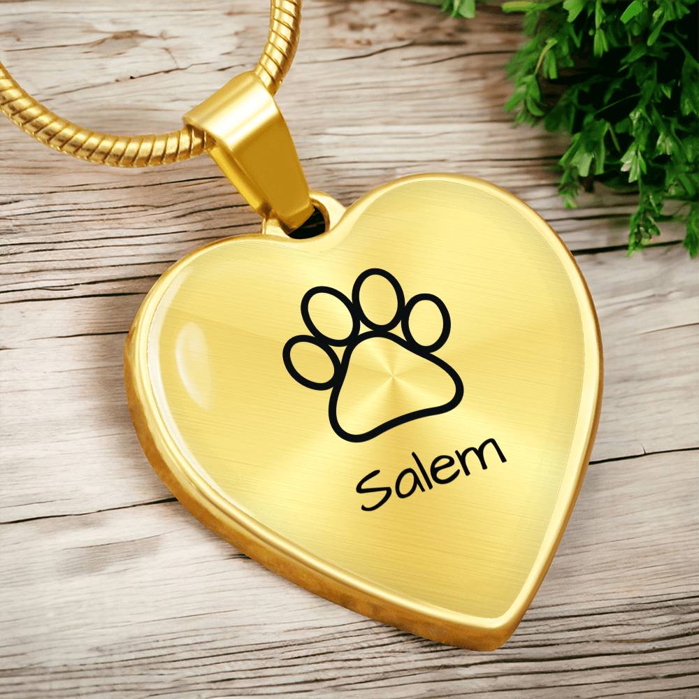 Personalized Cat Heart Necklace with Paw Print - Custom Name Engraving