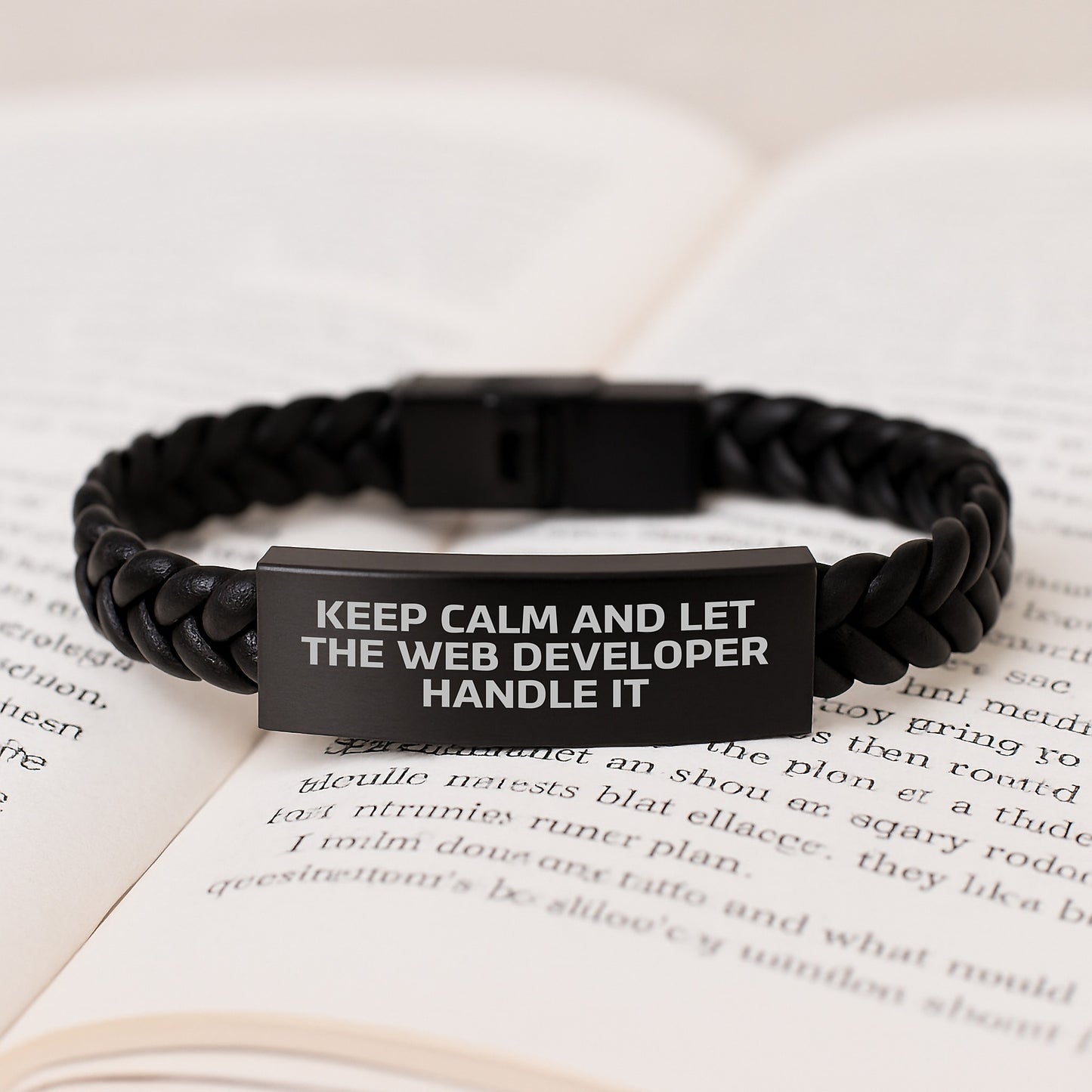 Keep Calm and Let the Web Developer Handle It, Web Developer Gifts from Family for Birthday, Interlaced Leather Web Developer Bracelet, Funny Quote, Stainless Steel and PU Leather - Image 3