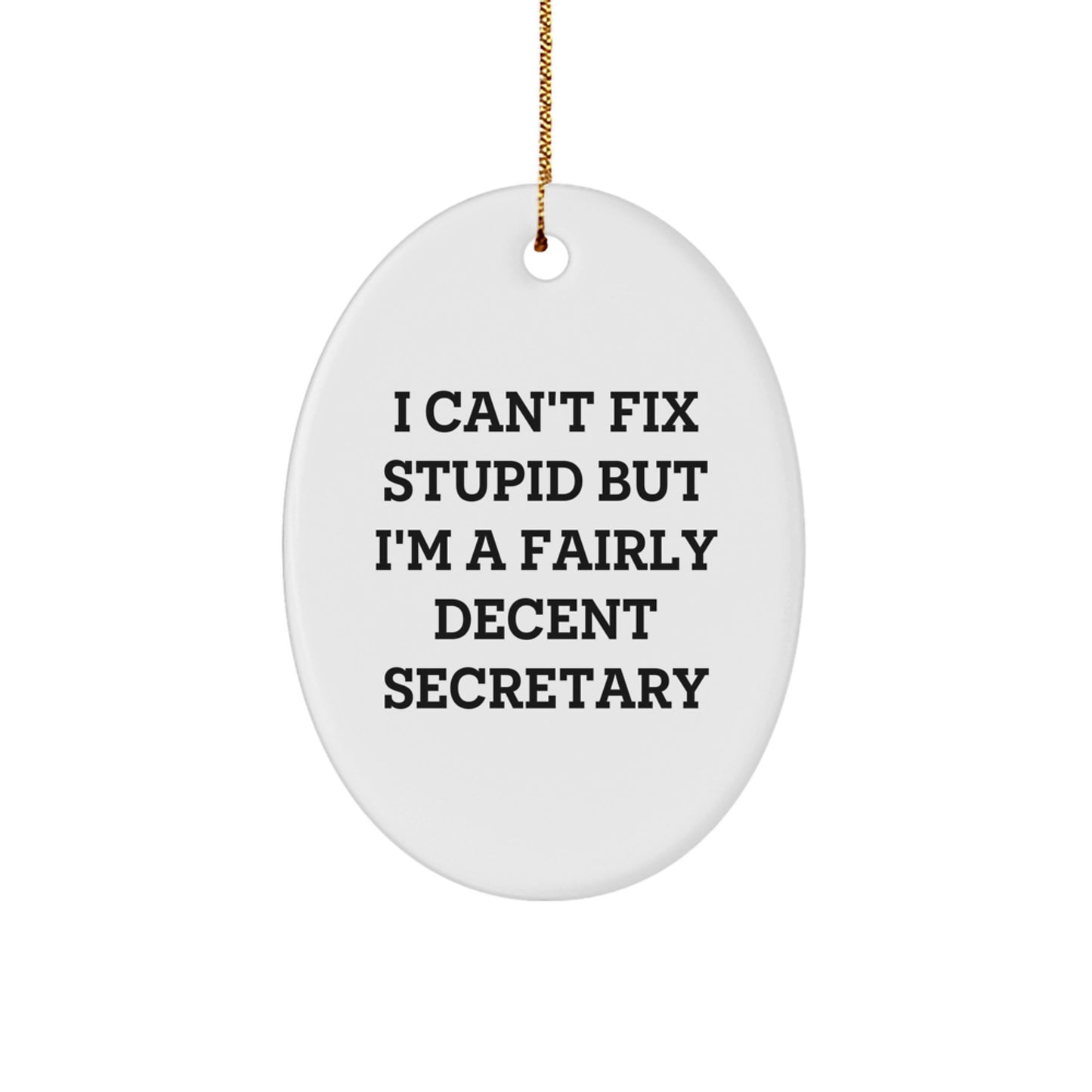Funny Secretary Gifts from Women to Women, 'I Can't Fix Stupid But I'm A Fairly Decent Secretary' Oval Ornament for Christmas Unique Presents - Image 1