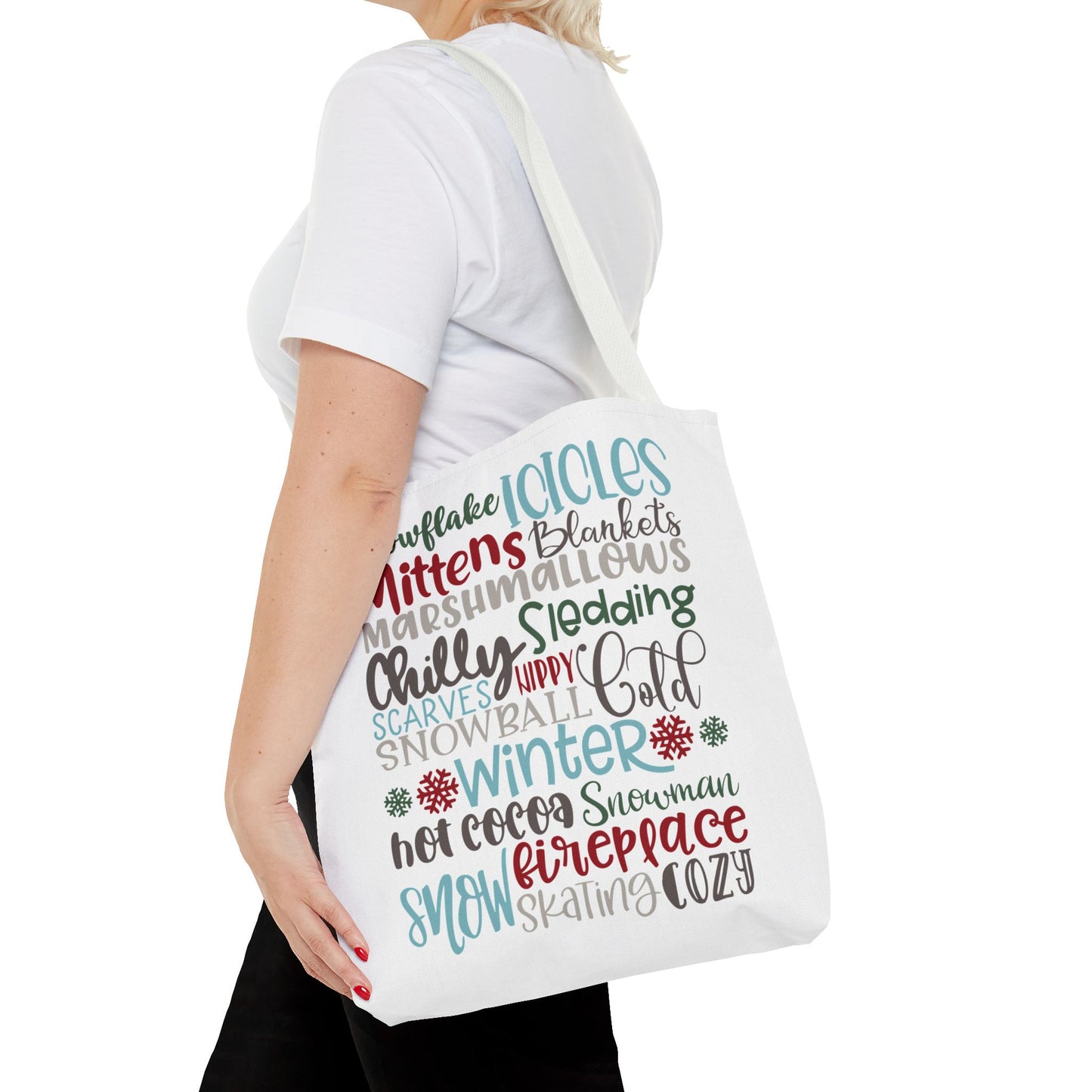 Winter Word Riot Tote Bag — Bold Typographic Holiday Tote