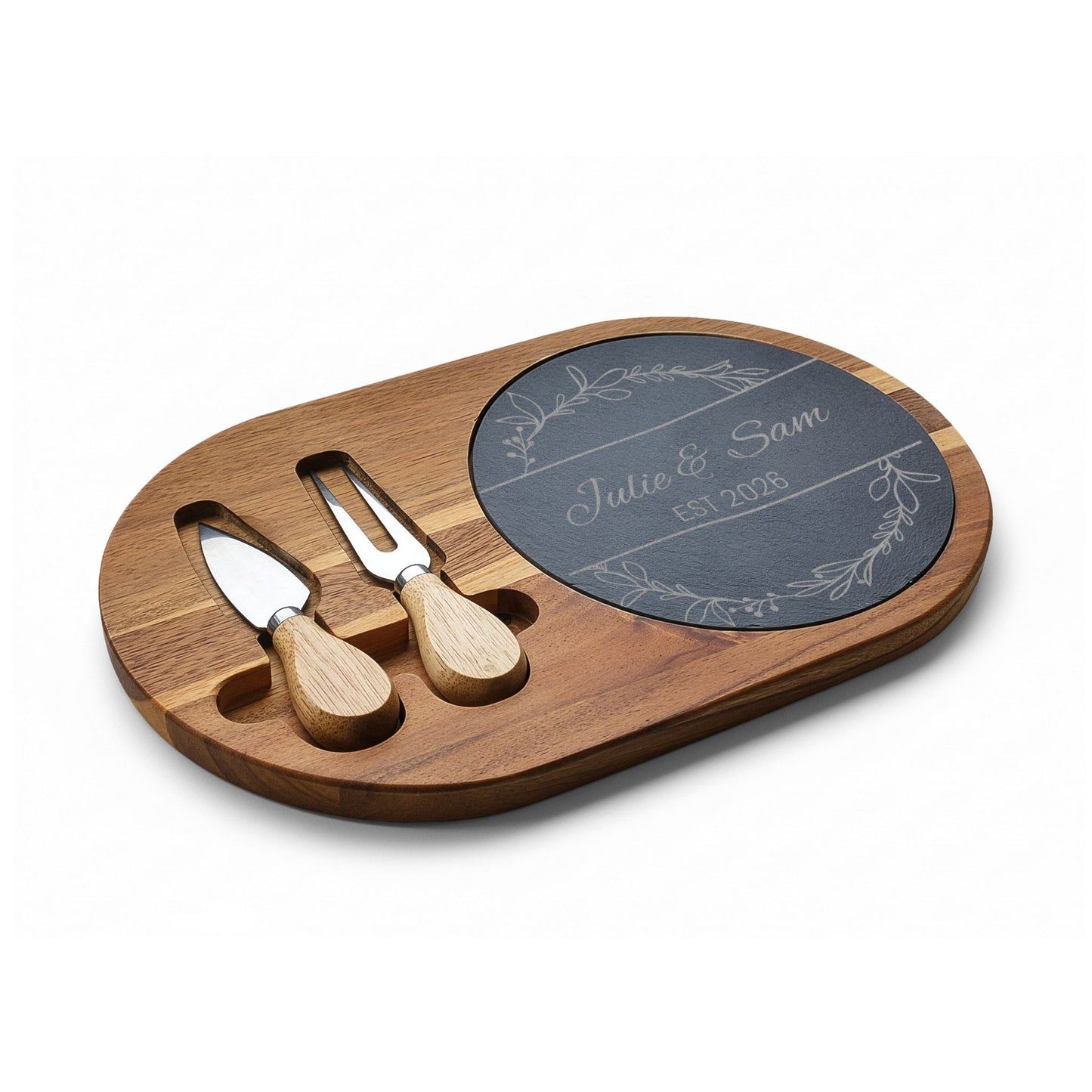 Personalized Engraved Charcuterie Board with Slate Insert — Custom Name & Established Date
