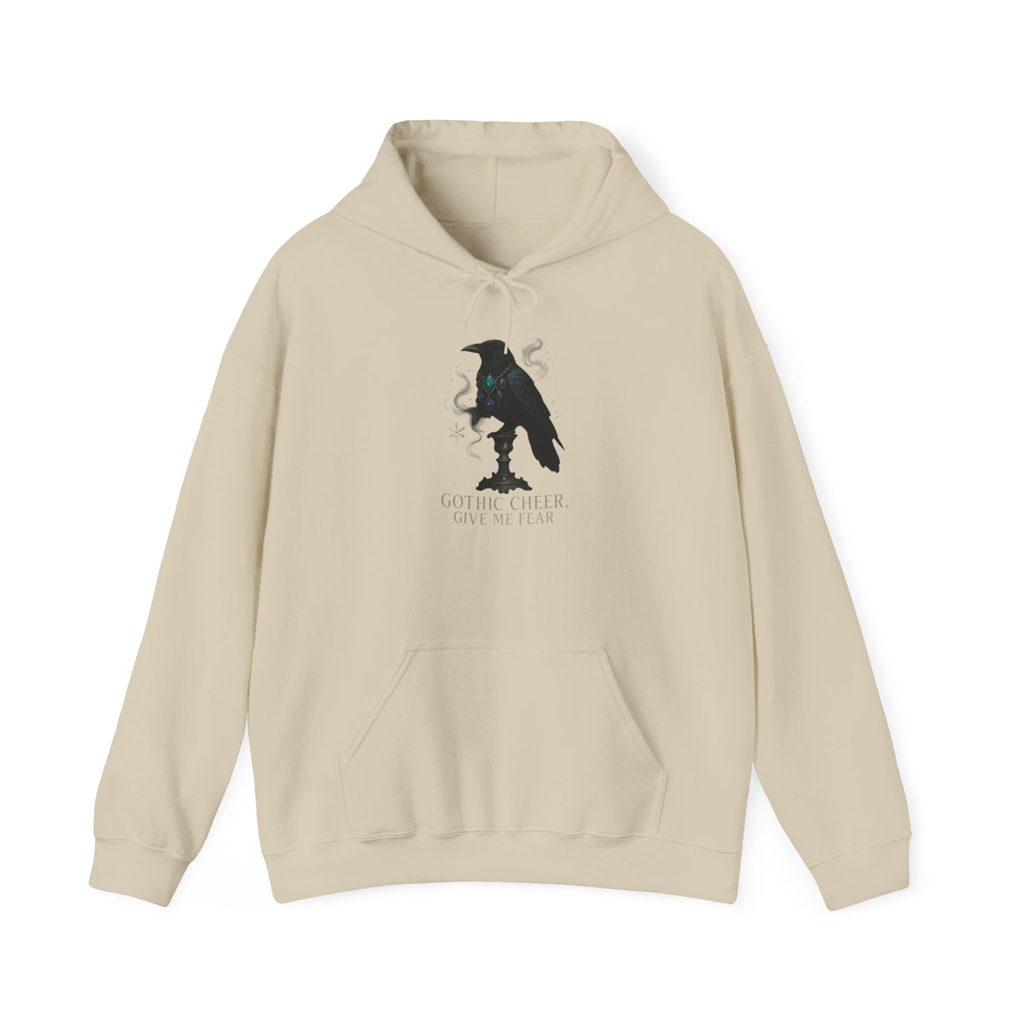 Raven Silhouette Hoodie — "Gothic Cheer, Give Me Fear" Graphic Pullover
