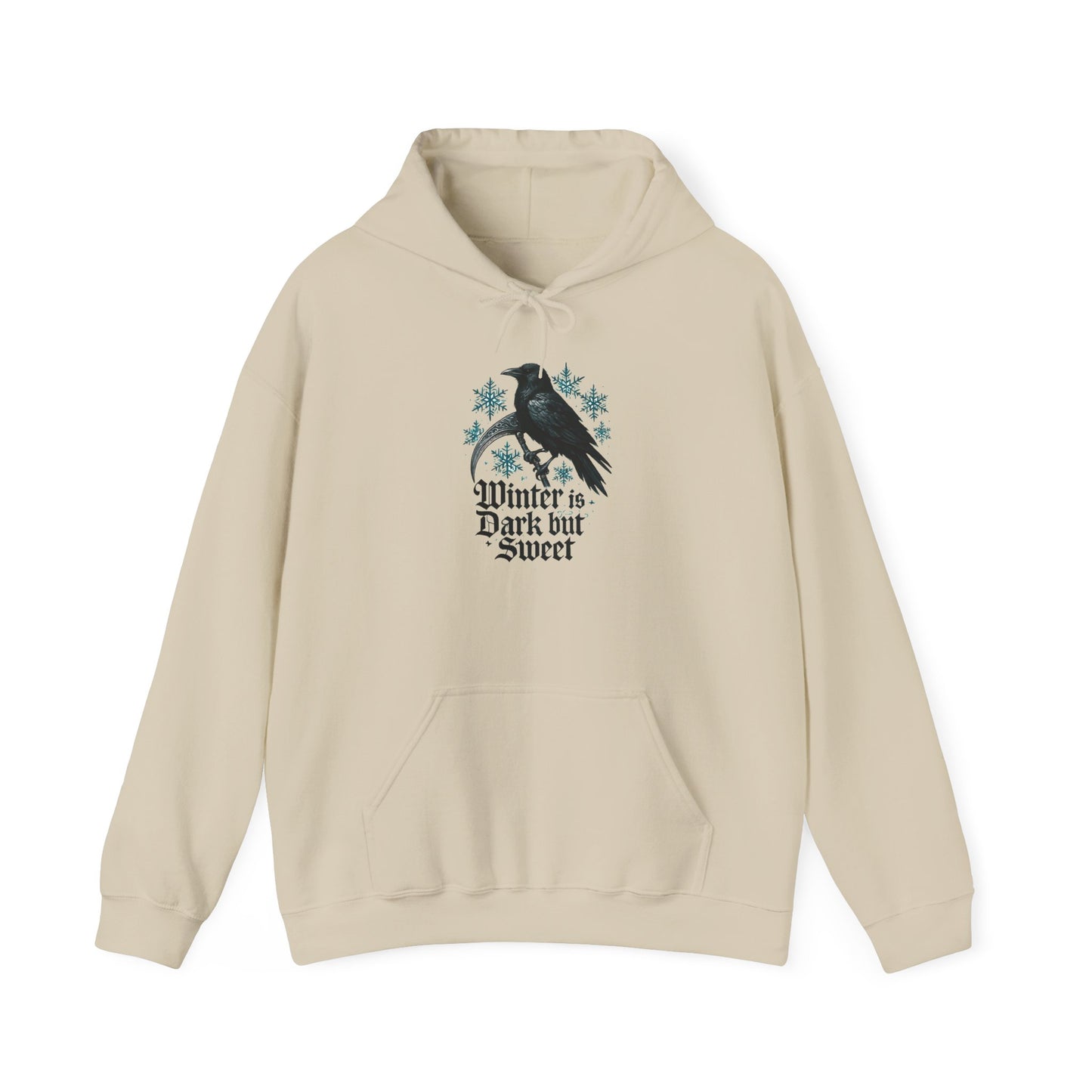 Winter Is Dark But Sweet Hoodie — Raven & Snowflake Graphic Hooded Sweatshirt