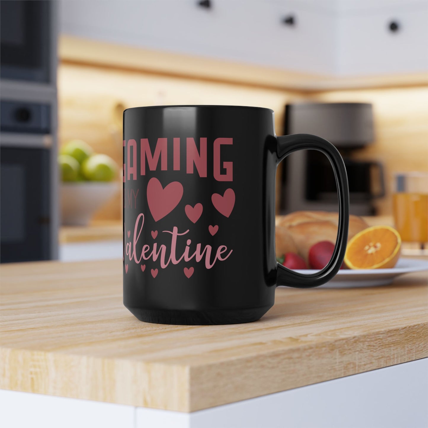 Gaming Game is My Valentine Black Ceramic Coffee Cup, Cute Gamer Valentine Gift (11oz/15oz)