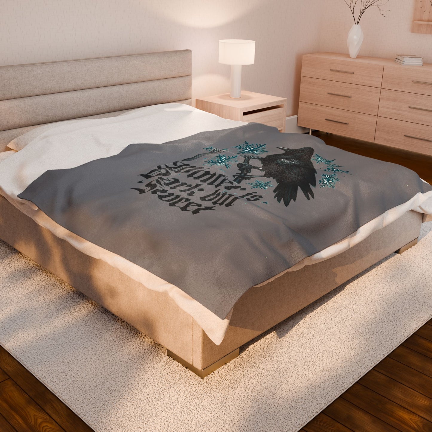 Velveteen Blanket - 'Winter is Dark but Sweet' Raven Snowflake Plush Throw