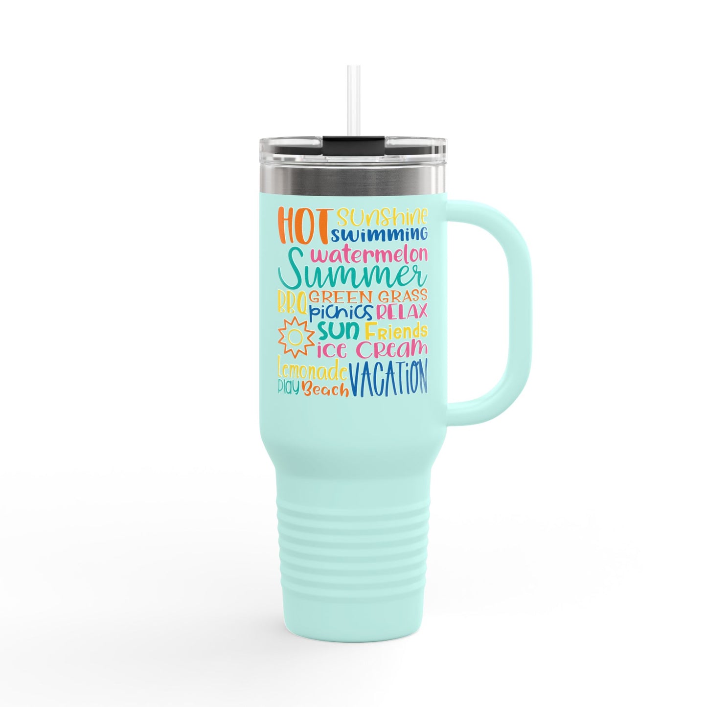 40oz Insulated Travel Mug – Colorful Summer Word Art, Vacation & Beach Tumbler