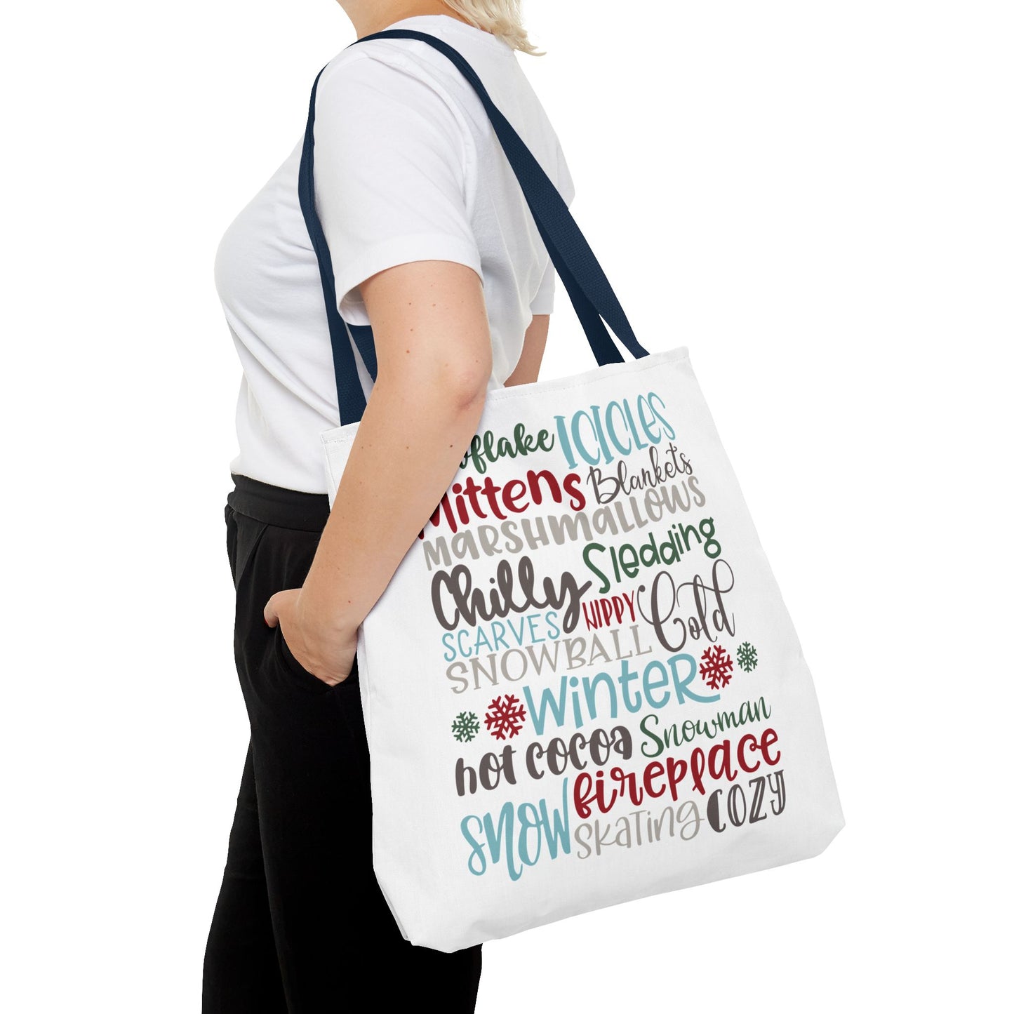 Winter Word Riot Tote Bag — Bold Typographic Holiday Tote