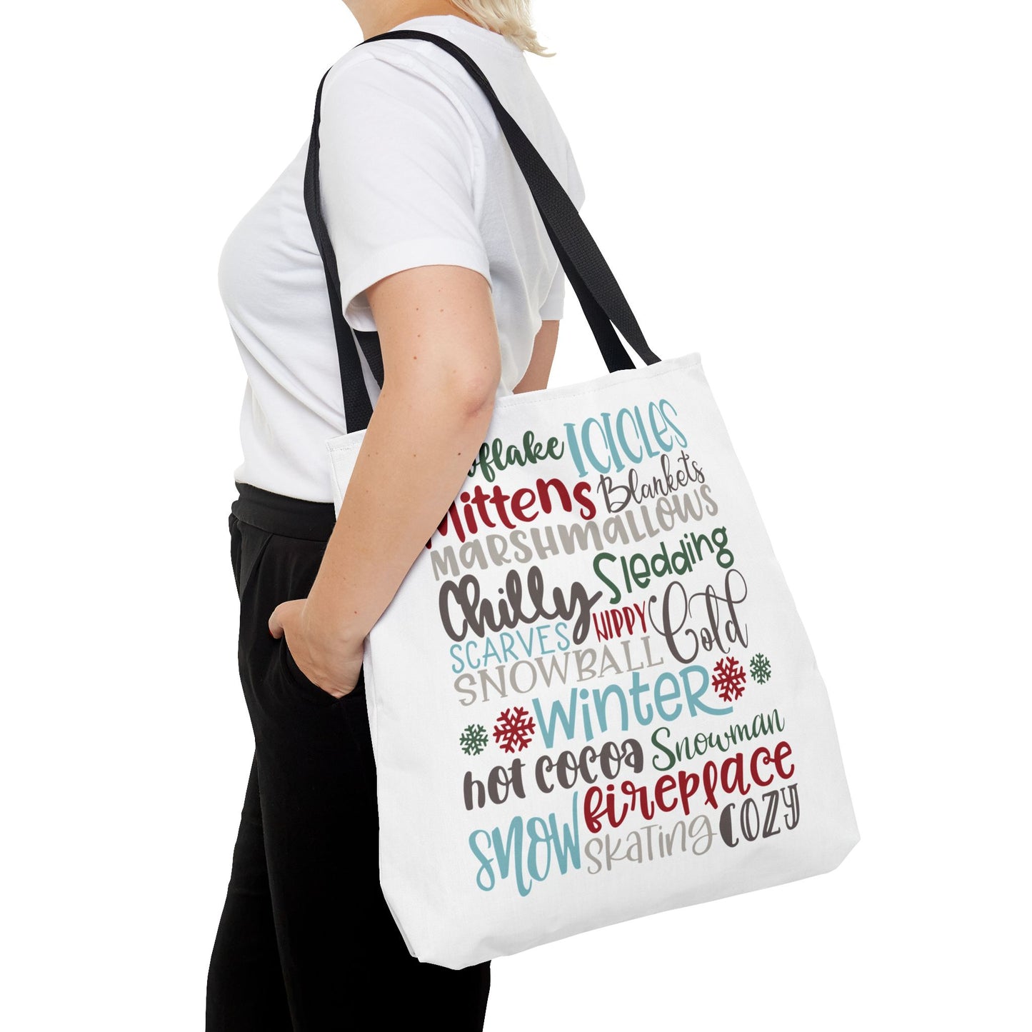 Winter Word Riot Tote Bag — Bold Typographic Holiday Tote