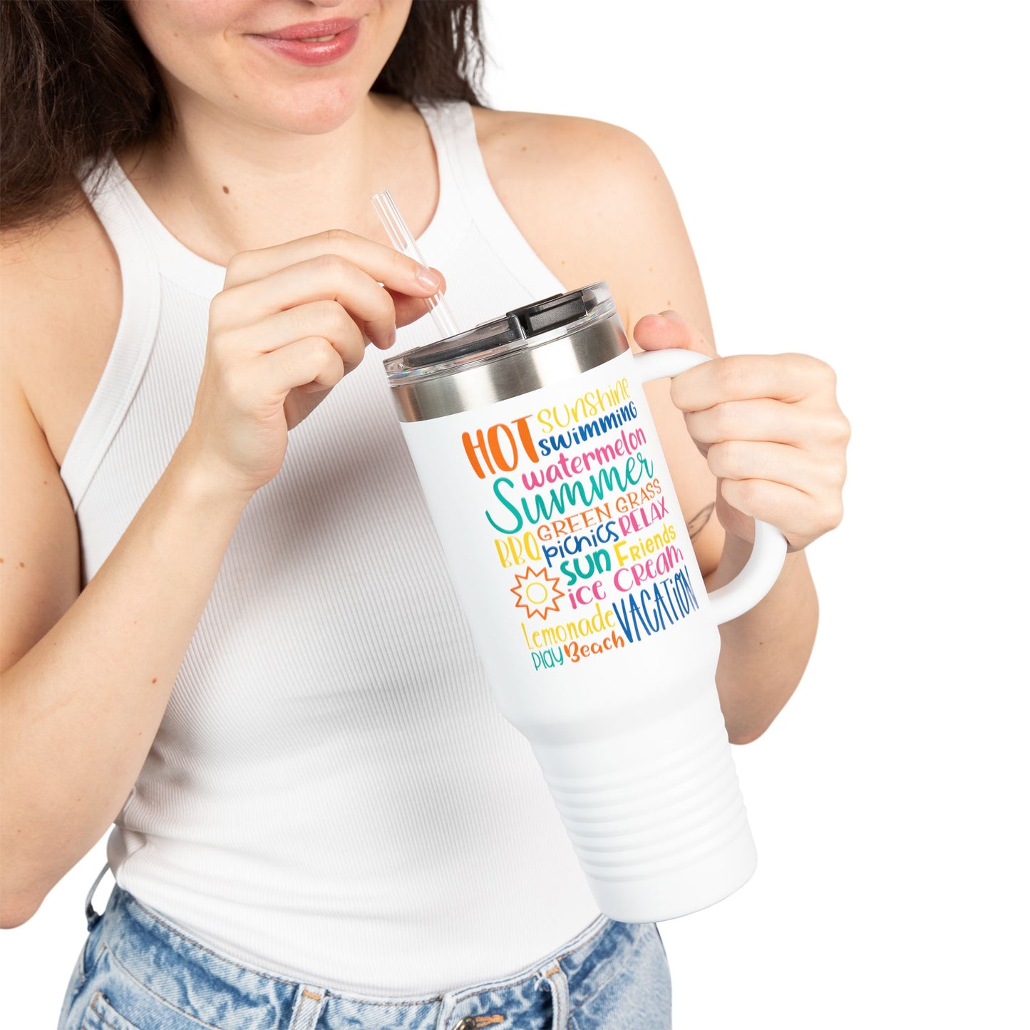 40oz Insulated Travel Mug – Colorful Summer Word Art, Vacation & Beach Tumbler