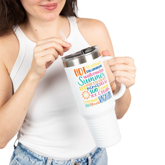 40oz Insulated Travel Mug – Colorful Summer Word Art, Vacation & Beach Tumbler