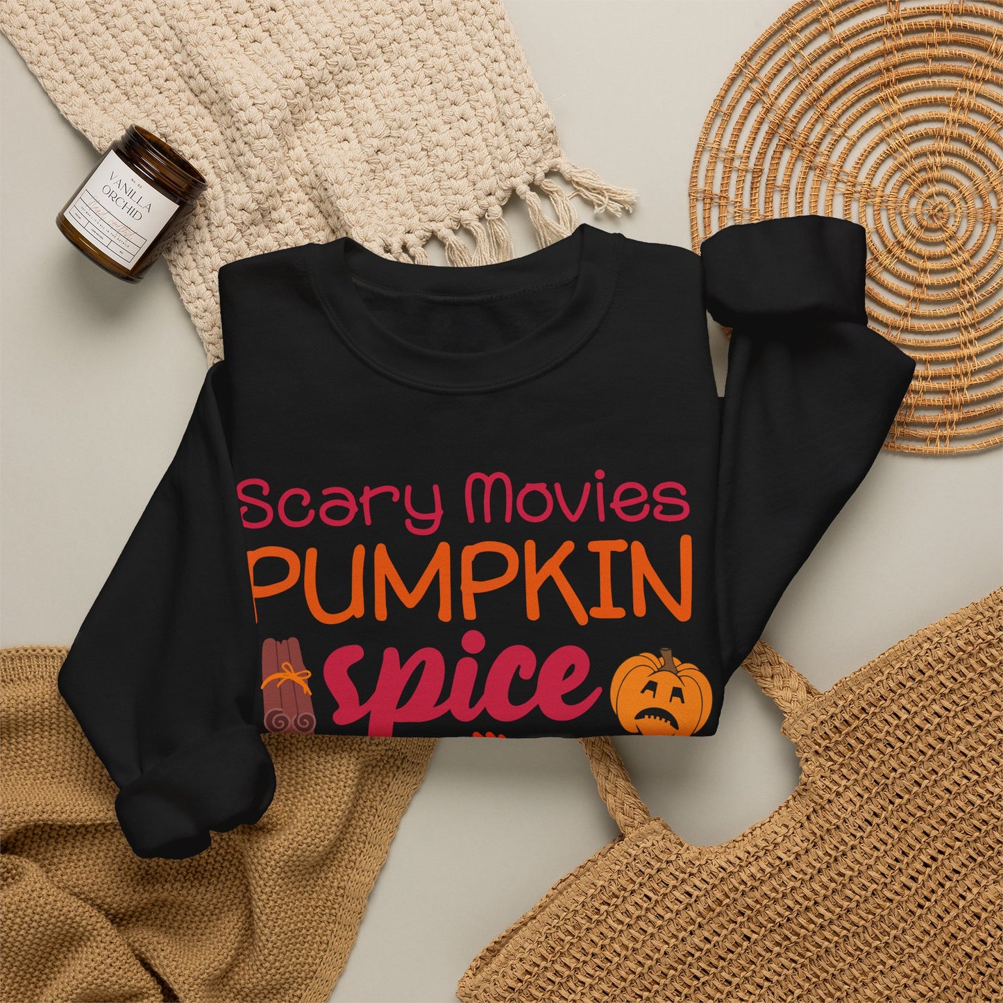 Fall Vibes Sweatshirt — "Scary Movies Pumpkin Spice Flannels Murders" Cozy Crewneck