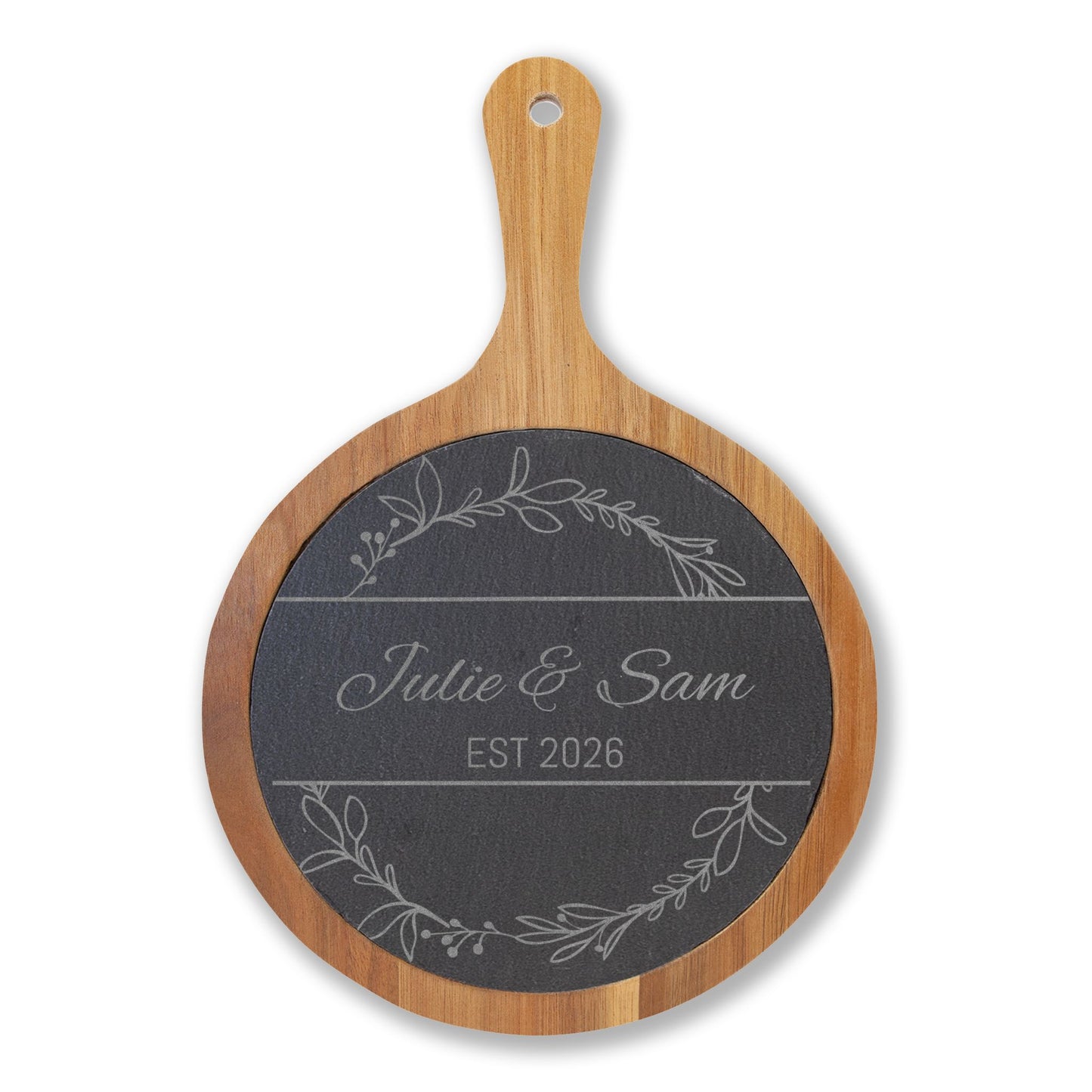 Personalized Engraved Charcuterie Board with Slate Insert — Custom Name & Established Date