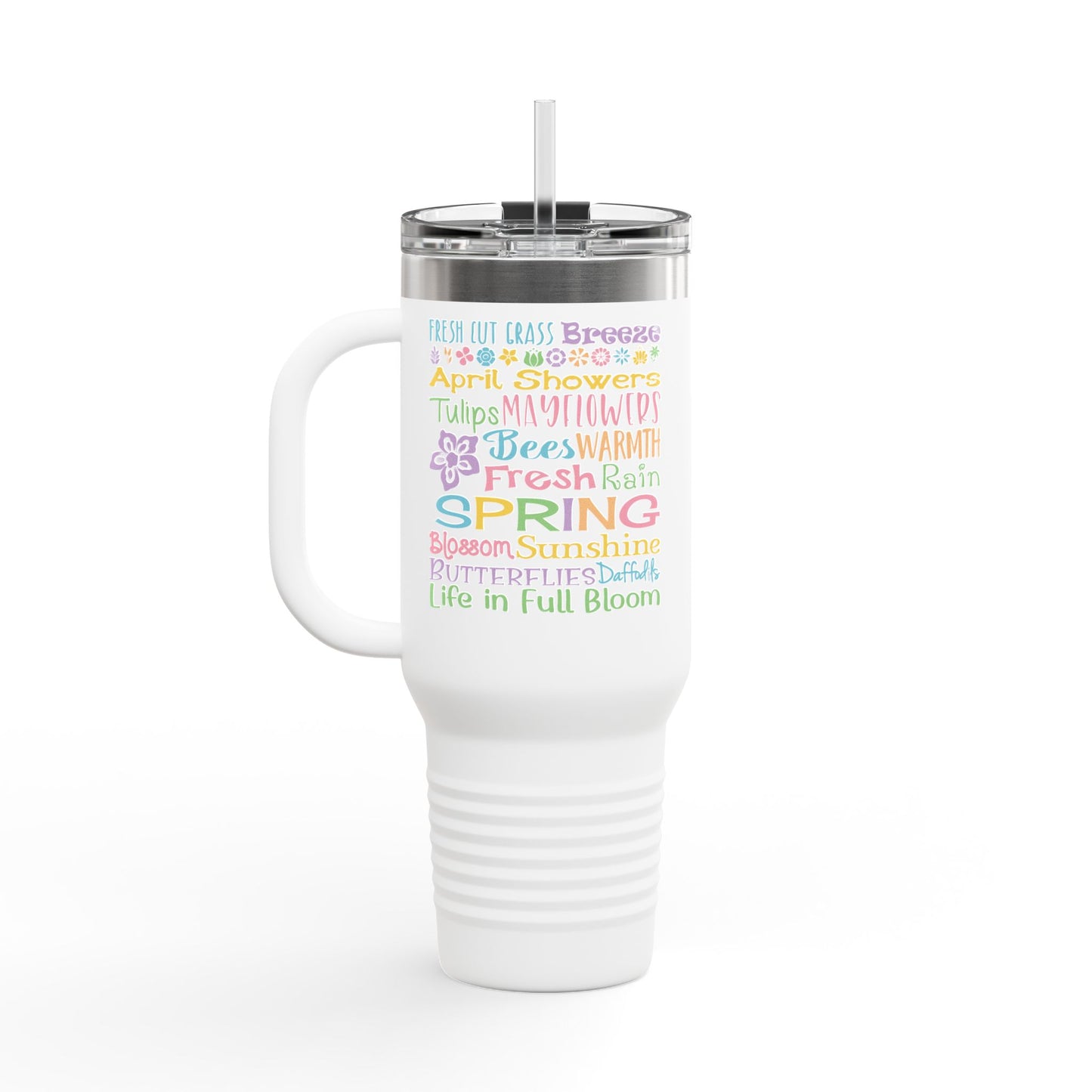 40oz Insulated Travel Mug – Colorful Summer Word Art, Vacation & Beach Tumbler