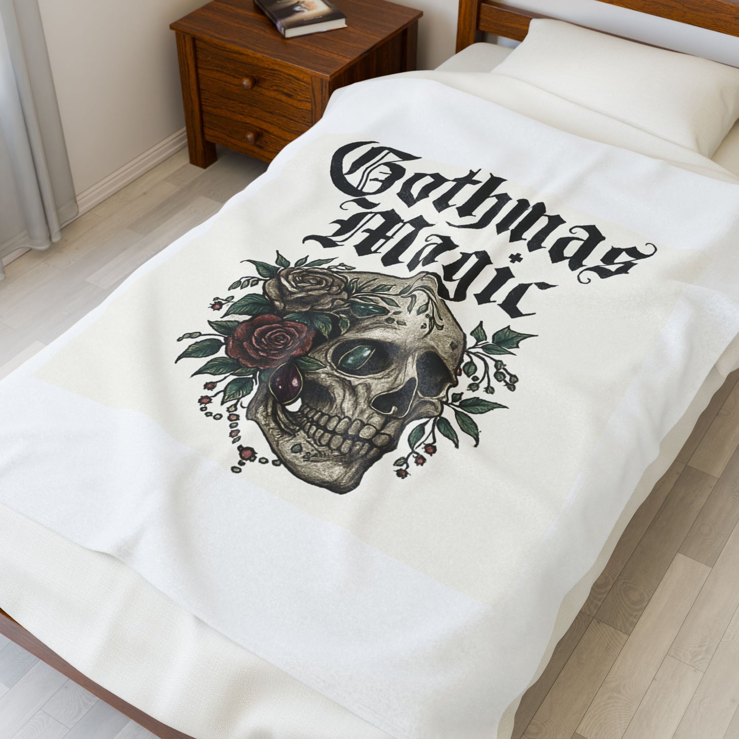 Gothmas Magic Velveteen Plush Blanket — Gothic Skull & Rose Holiday Throw