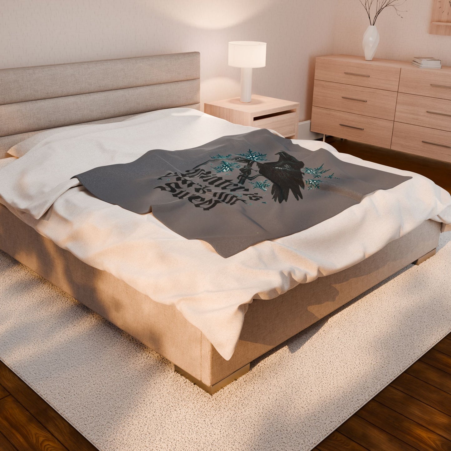 Velveteen Blanket - 'Winter is Dark but Sweet' Raven Snowflake Plush Throw
