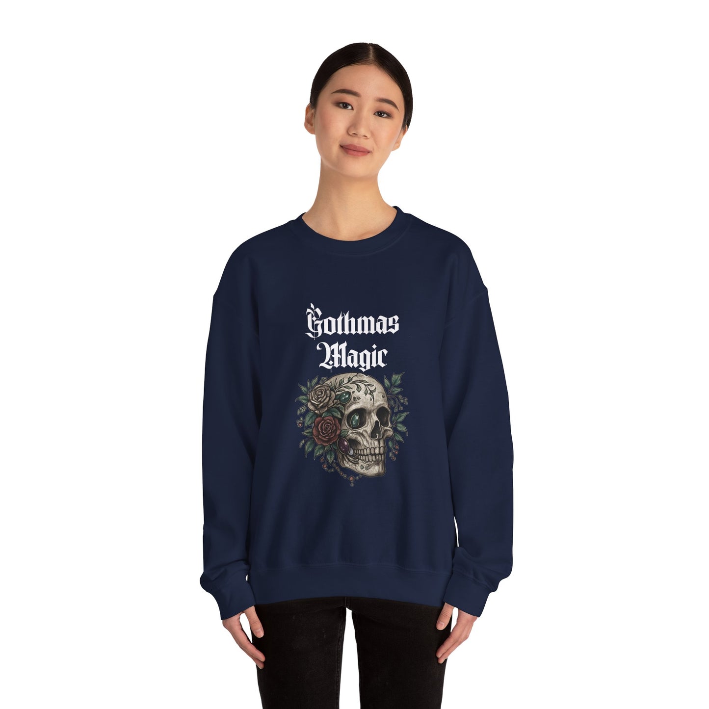Crewneck Sweatshirt — Gothmas Magic Skull & Roses Holiday Gothic Pullover