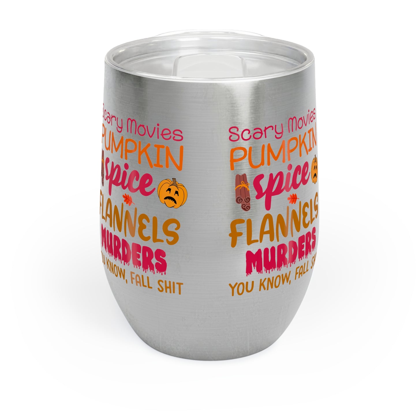 Fall Vibes Tumbler, Scary Movies Pumpkin Spice Wine Cup, Insulated Halloween Gift for Her, Cozy Autumn Lover
