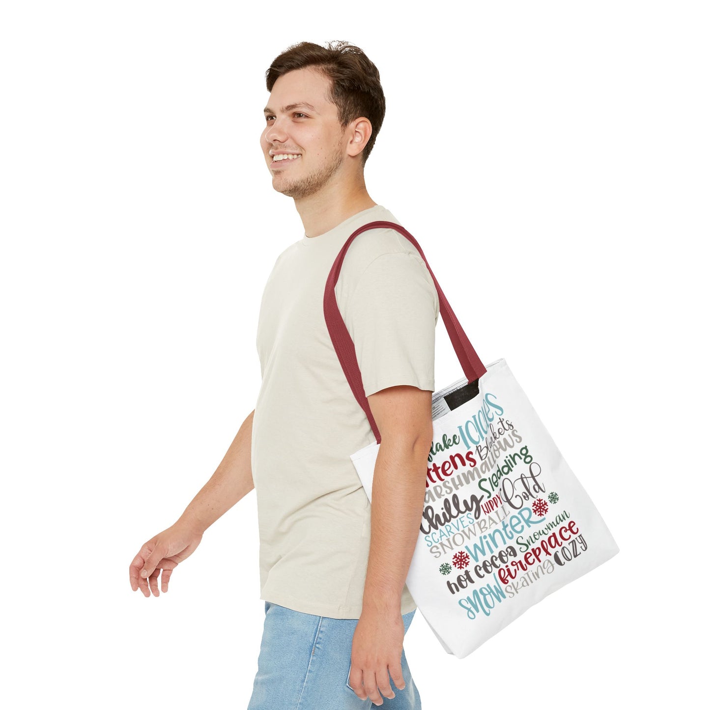 Winter Word Riot Tote Bag — Bold Typographic Holiday Tote