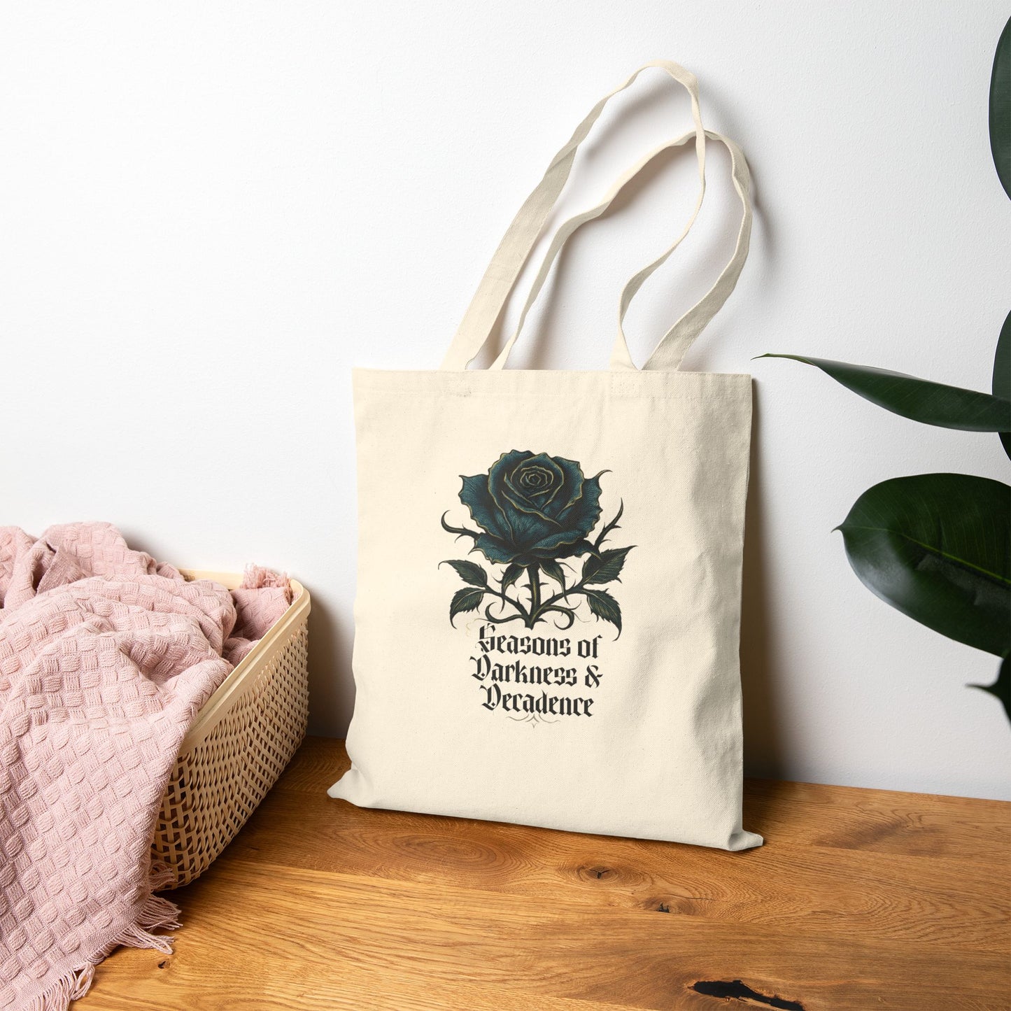 Rose Graphic Tote Bag — "Seasons of Darkness & Decadence" Cotton Canvas Market Tote