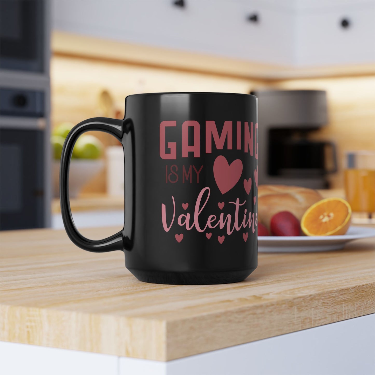 Gaming Game is My Valentine Black Ceramic Coffee Cup, Cute Gamer Valentine Gift (11oz/15oz)