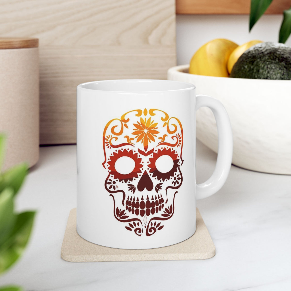 Sugar Skull Ceramic Mug – Day of the Dead Floral Skull Coffee Cup (11oz, 15oz)