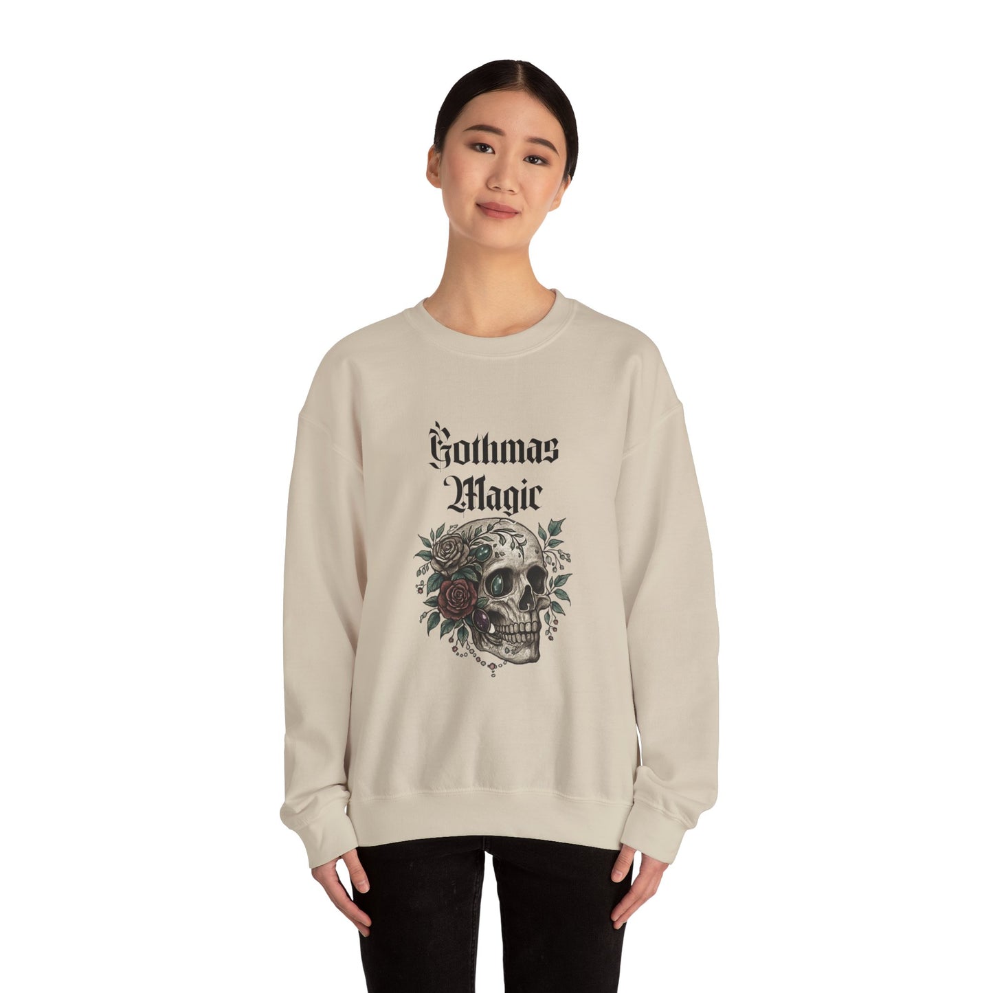 Crewneck Sweatshirt — Gothmas Magic Skull & Roses Holiday Gothic Pullover