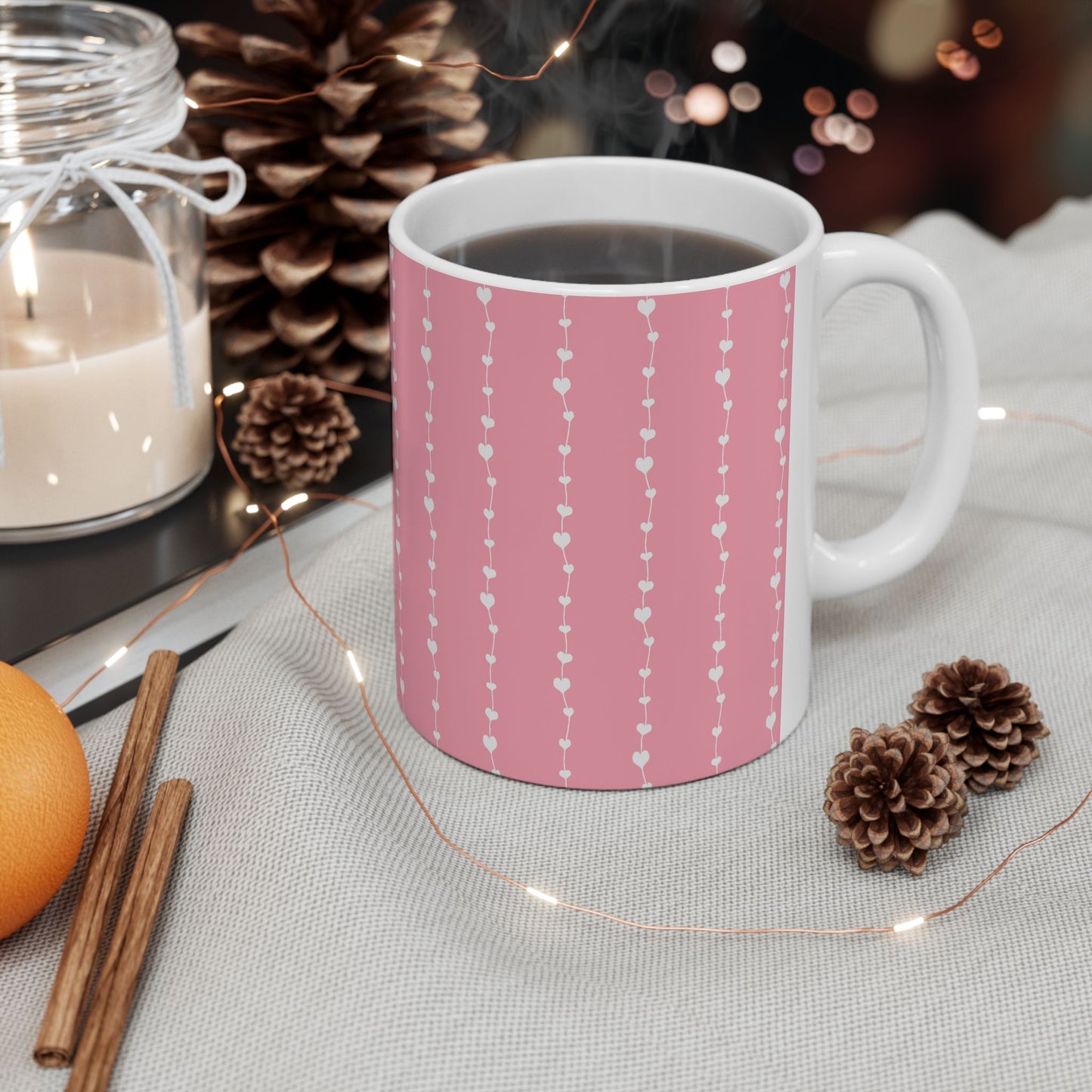 White Heart Garland Ceramic Mug — Romantic Valentine’s Coffee Cup (11oz, 15oz)