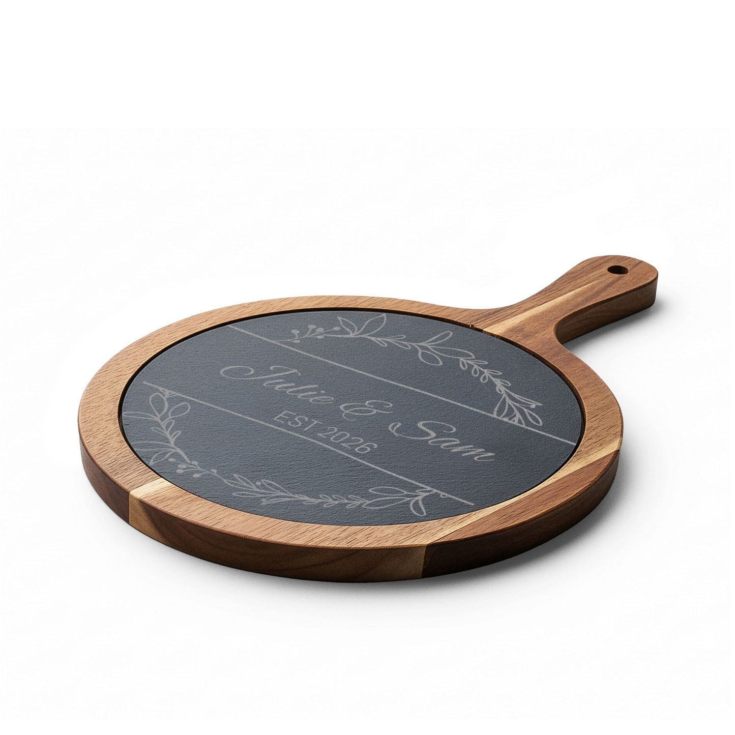 Personalized Engraved Charcuterie Board with Slate Insert — Custom Name & Established Date