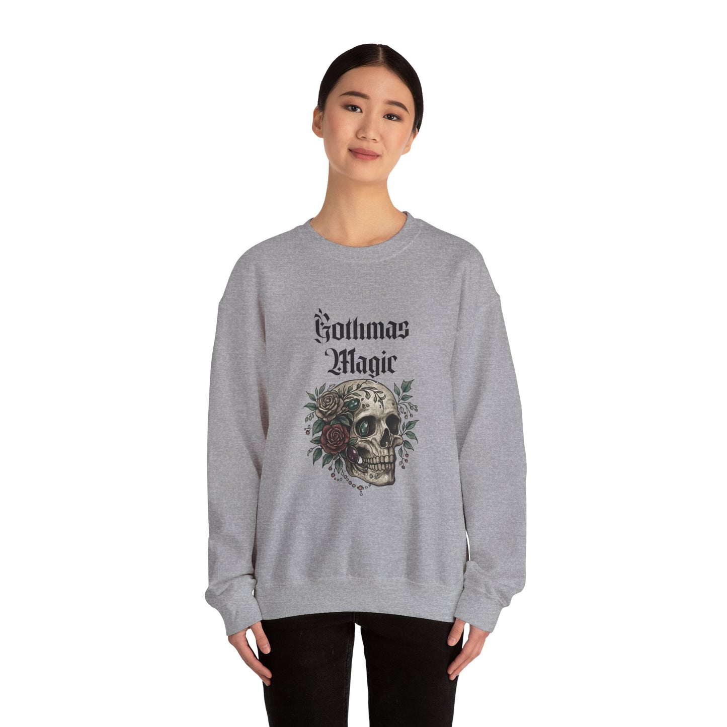 Crewneck Sweatshirt — Gothmas Magic Skull & Roses Holiday Gothic Pullover