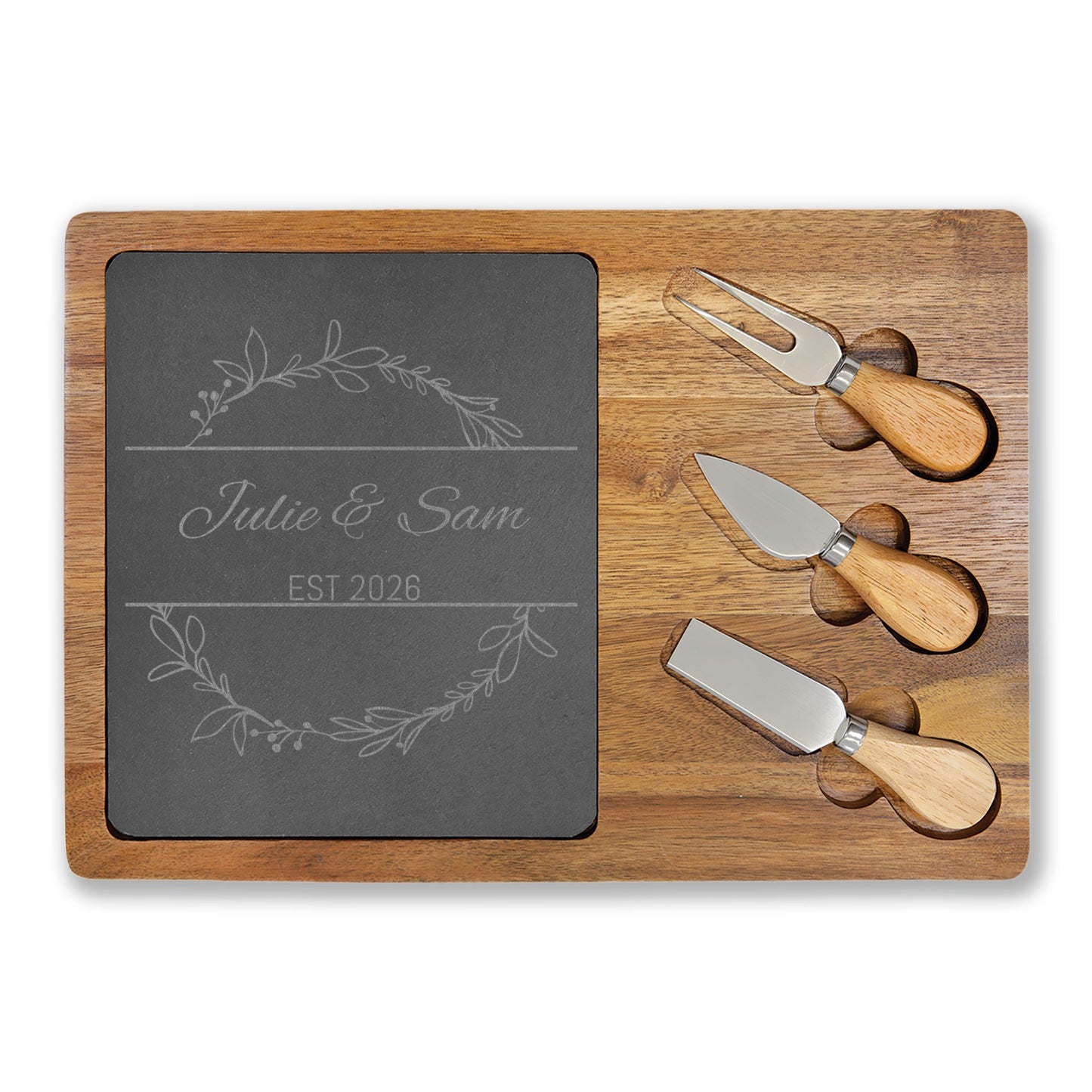 Personalized Engraved Charcuterie Board with Slate Insert — Custom Name & Established Date