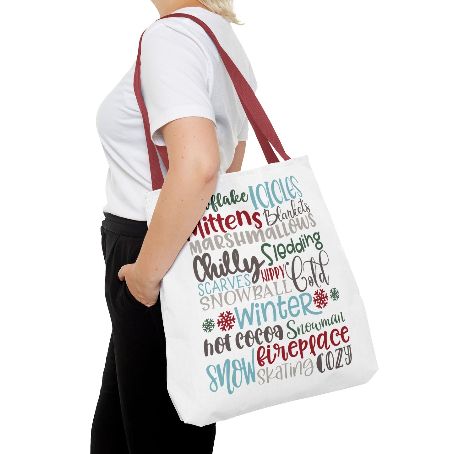 Winter Word Riot Tote Bag — Bold Typographic Holiday Tote