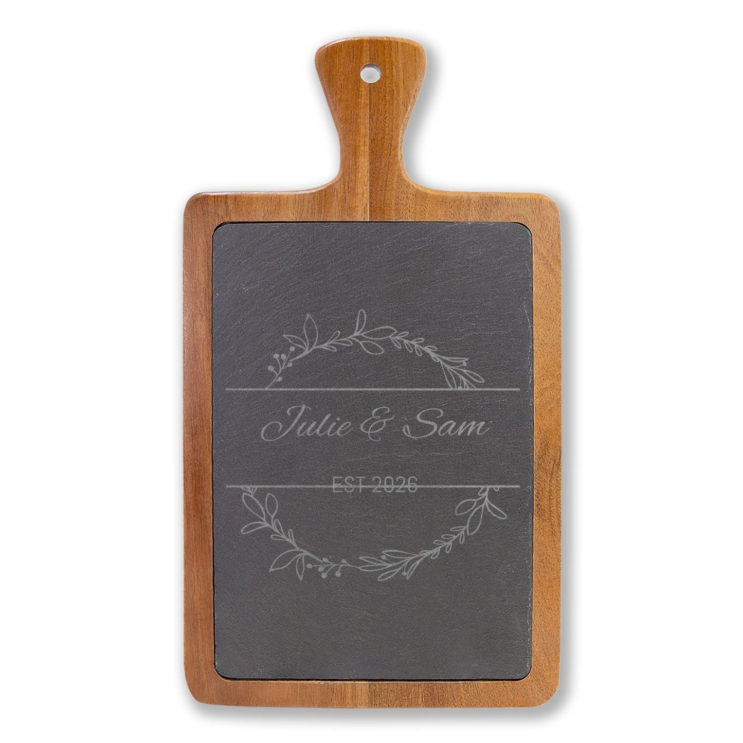 Personalized Engraved Charcuterie Board with Slate Insert — Custom Name & Established Date