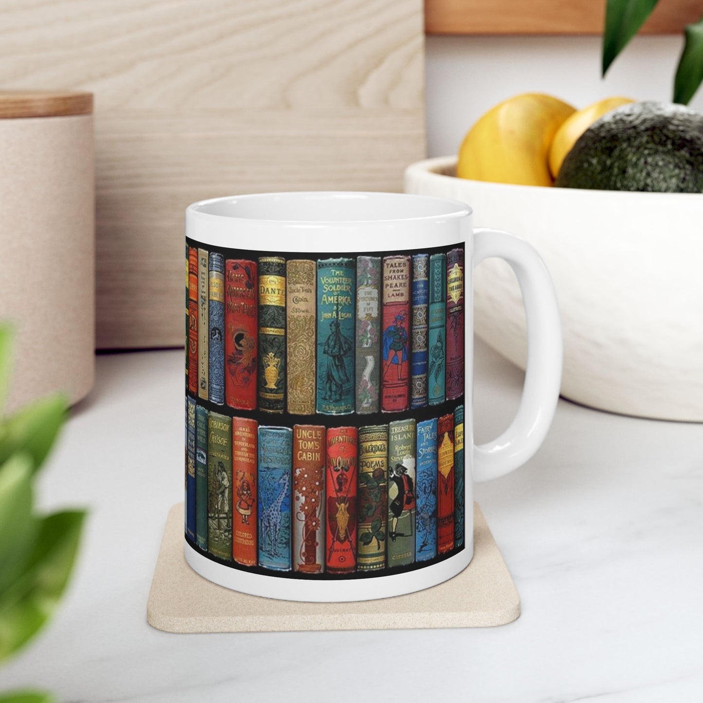 Booklover Ceramic Mug — Vintage Bookshelf Design (11oz & 15oz)