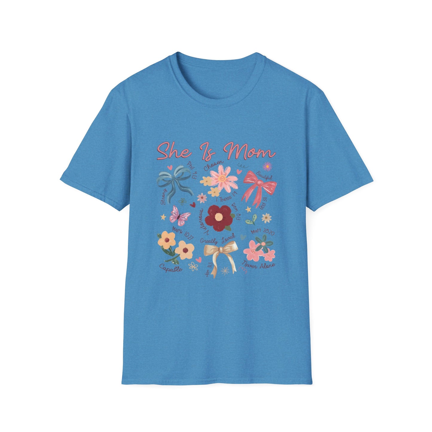 Christian T-Shirt for Moms, Floral 'She Is Mom' Unisex Softstyle T-Shirt – Perfect Gift for Mother's Day