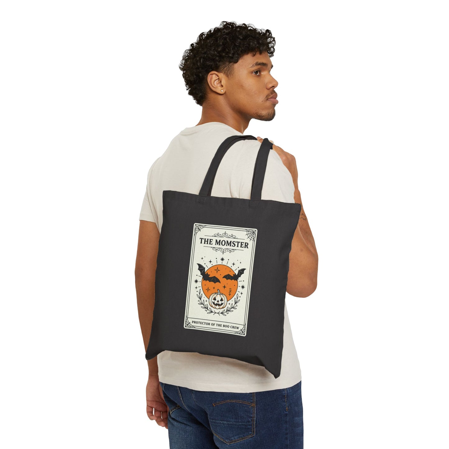 Momster Halloween Tote, spooky pumpkin bat canvas tote, purple orange retro gothic