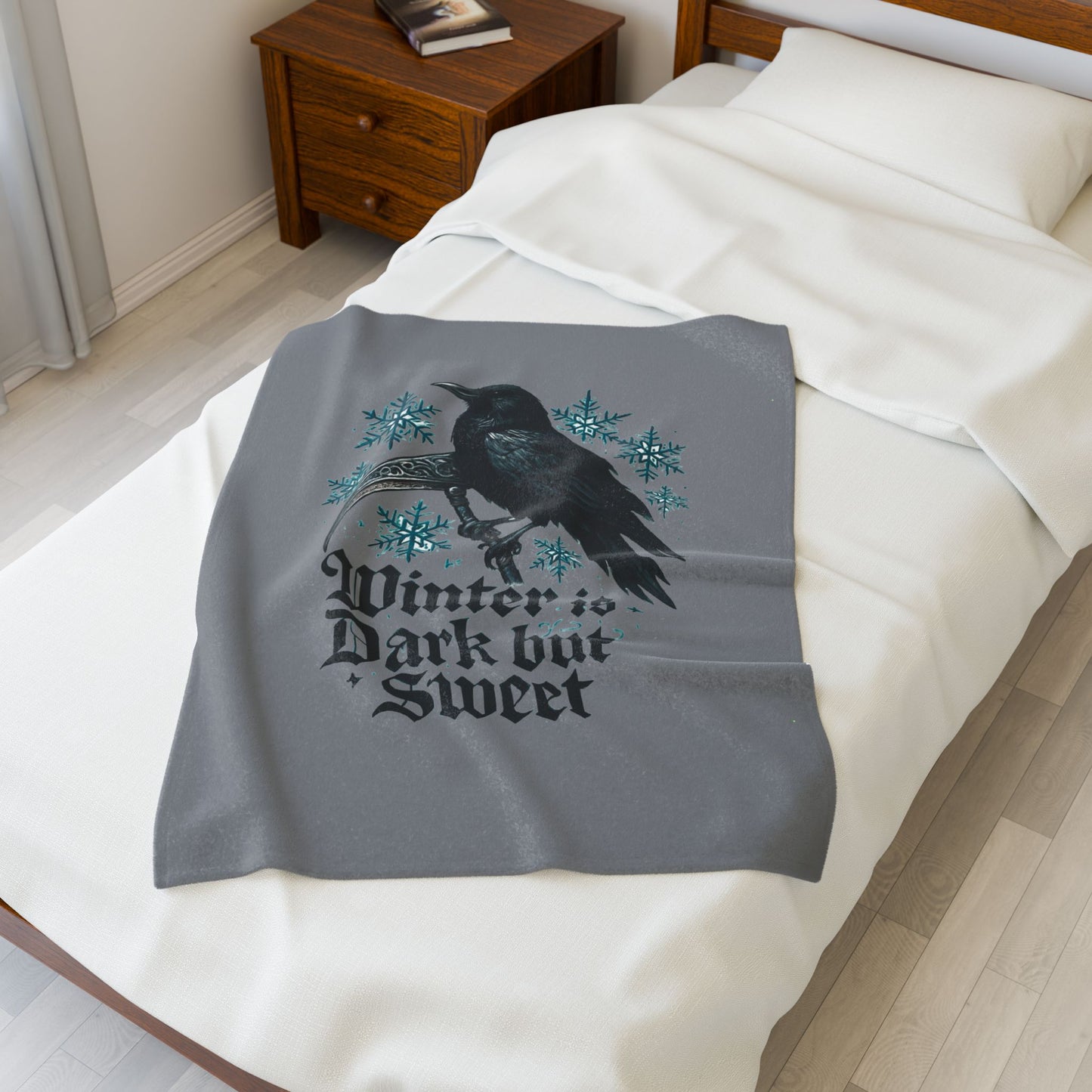 Velveteen Blanket - 'Winter is Dark but Sweet' Raven Snowflake Plush Throw