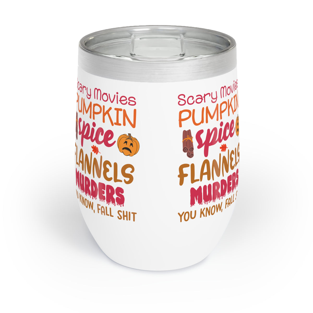 Fall Vibes Tumbler, Scary Movies Pumpkin Spice Wine Cup, Insulated Halloween Gift for Her, Cozy Autumn Lover