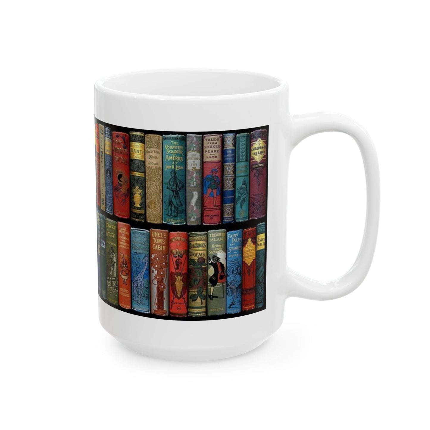 Booklover Ceramic Mug — Vintage Bookshelf Design (11oz & 15oz)