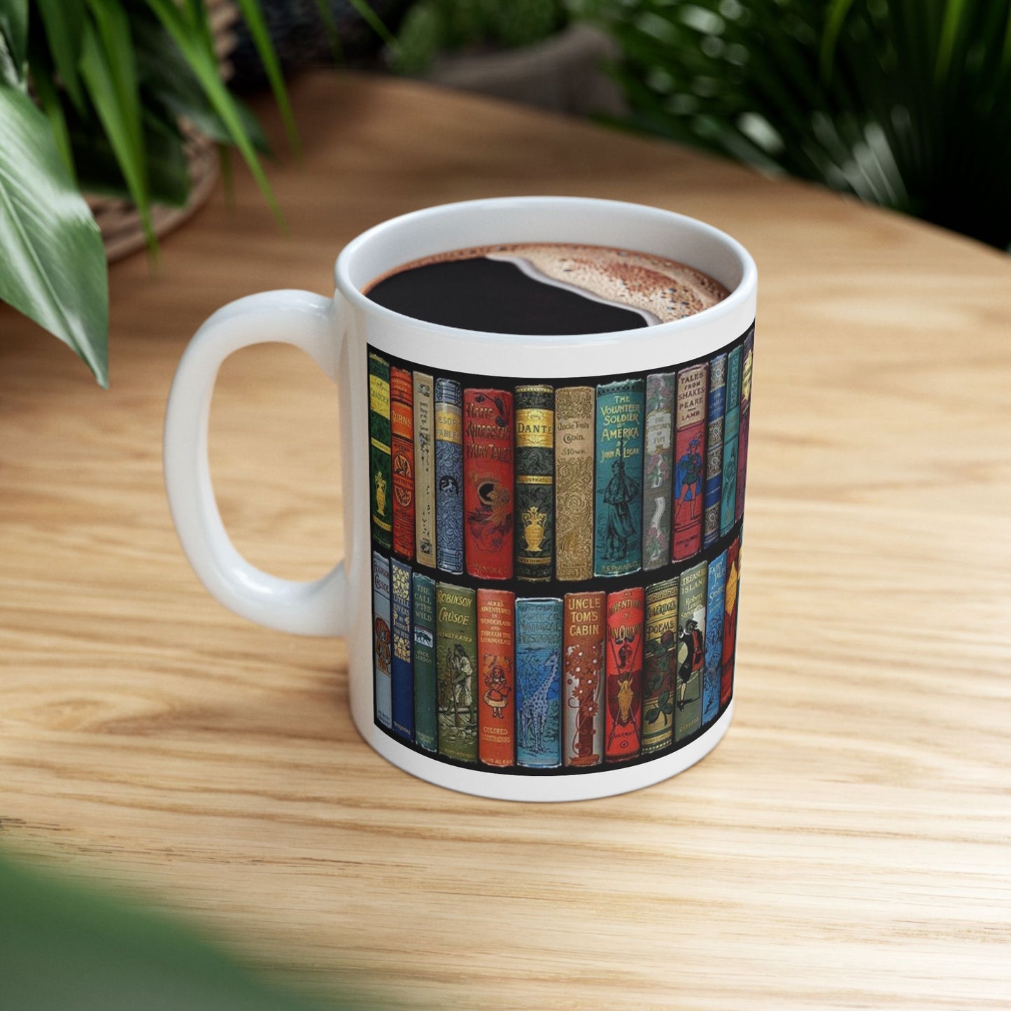 Booklover Ceramic Mug — Vintage Bookshelf Design (11oz & 15oz)