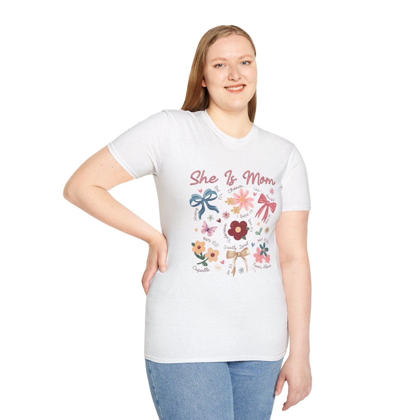 Christian T-Shirt for Moms, Floral 'She Is Mom' Unisex Softstyle T-Shirt – Perfect Gift for Mother's Day