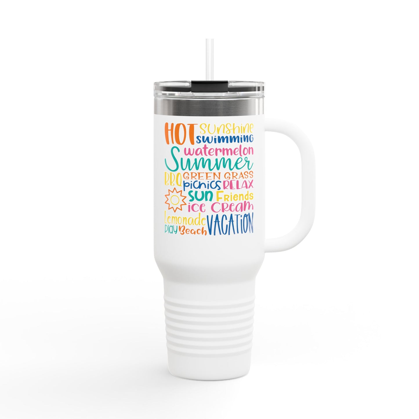40oz Insulated Travel Mug – Colorful Summer Word Art, Vacation & Beach Tumbler