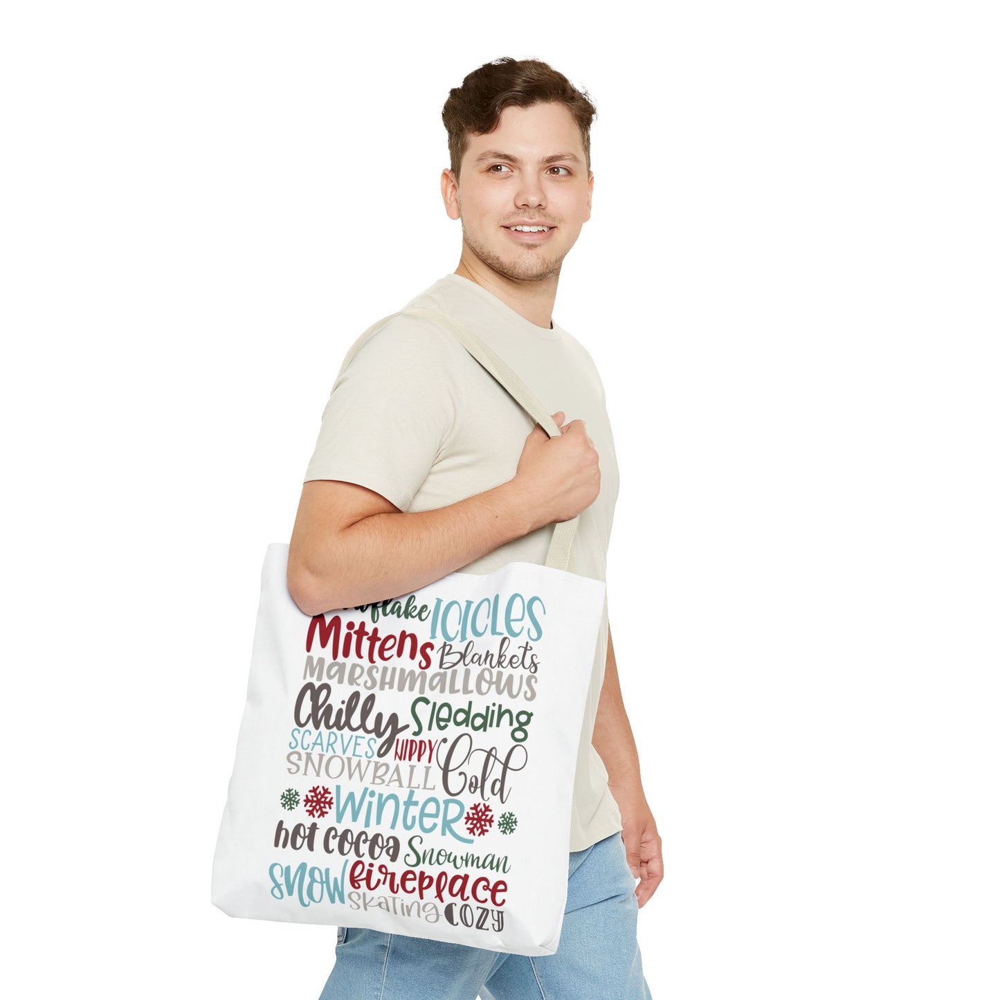 Winter Word Riot Tote Bag — Bold Typographic Holiday Tote