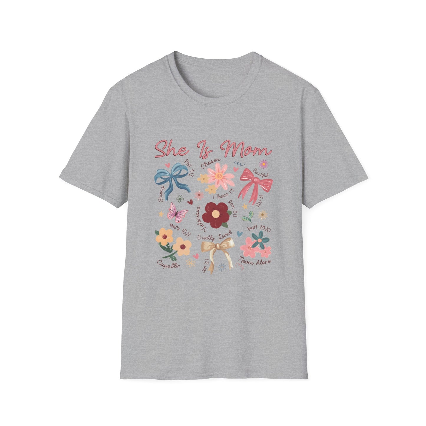 Christian T-Shirt for Moms, Floral 'She Is Mom' Unisex Softstyle T-Shirt – Perfect Gift for Mother's Day