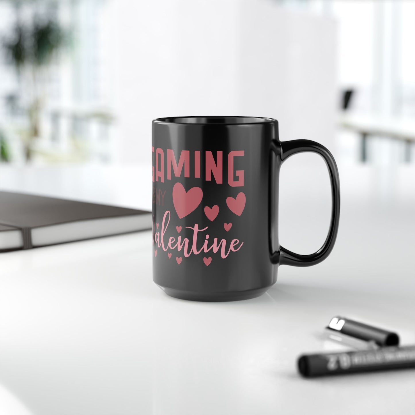 Gaming Game is My Valentine Black Ceramic Coffee Cup, Cute Gamer Valentine Gift (11oz/15oz)